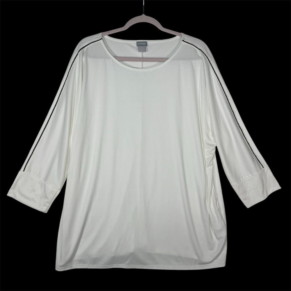 Chico's White 3/4 Sleeve Top‎ 4 XXL  Silver Metallic Stripe Modal Knit Tee